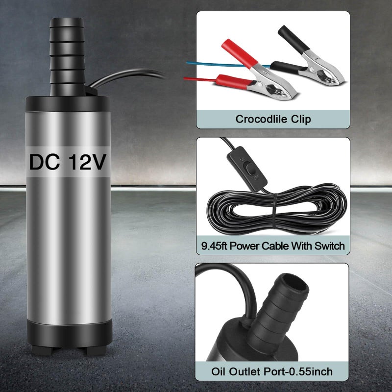 COROTC 12V Fuel Transfer Pump, Mini Portable Stainless Steel On/Off Switch Oil Diesel Fuel Transfer Water Pump 12V 40mm - Image 4